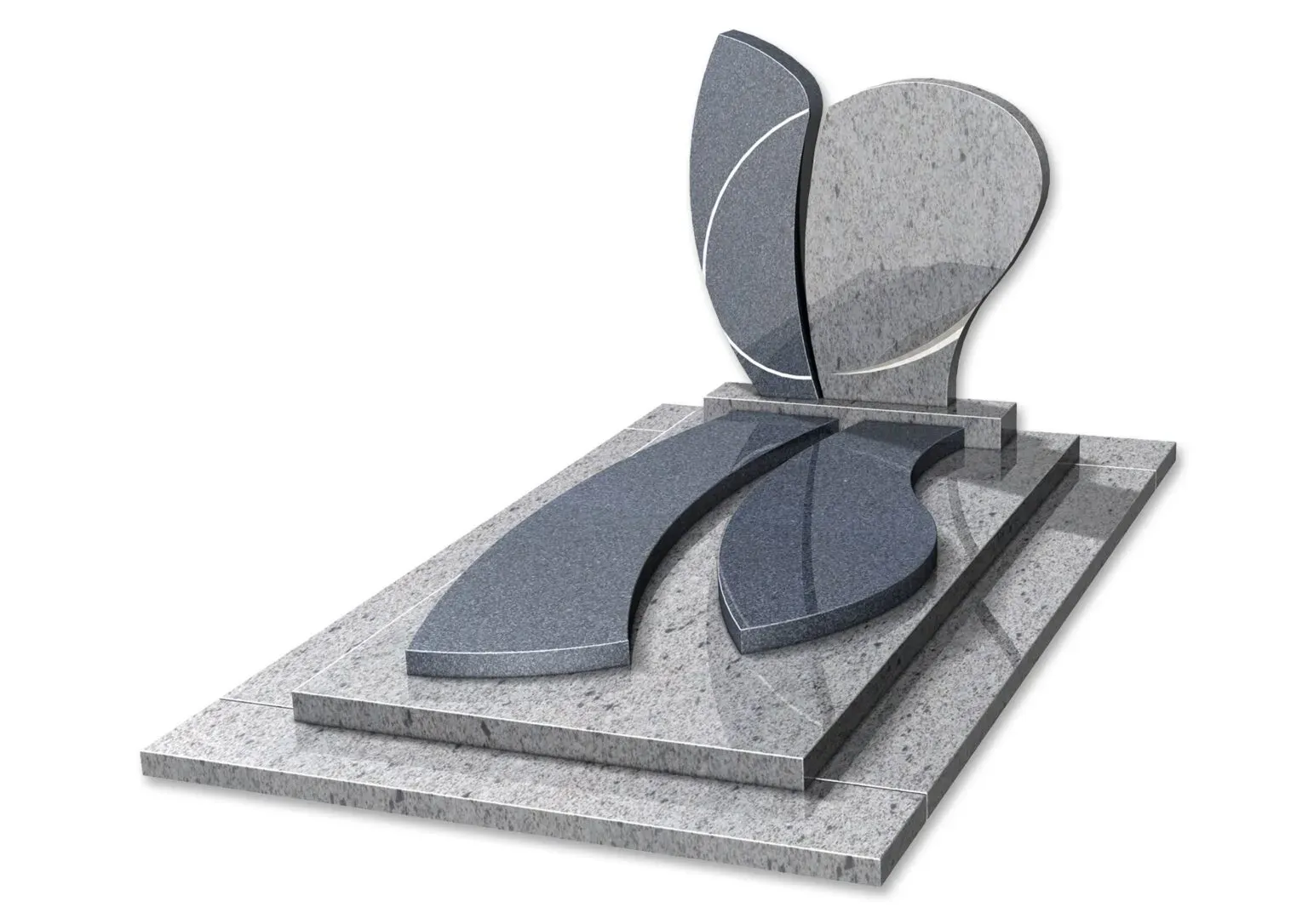 Monument funéraire en granit gris poli avec stèle en forme de cœur.