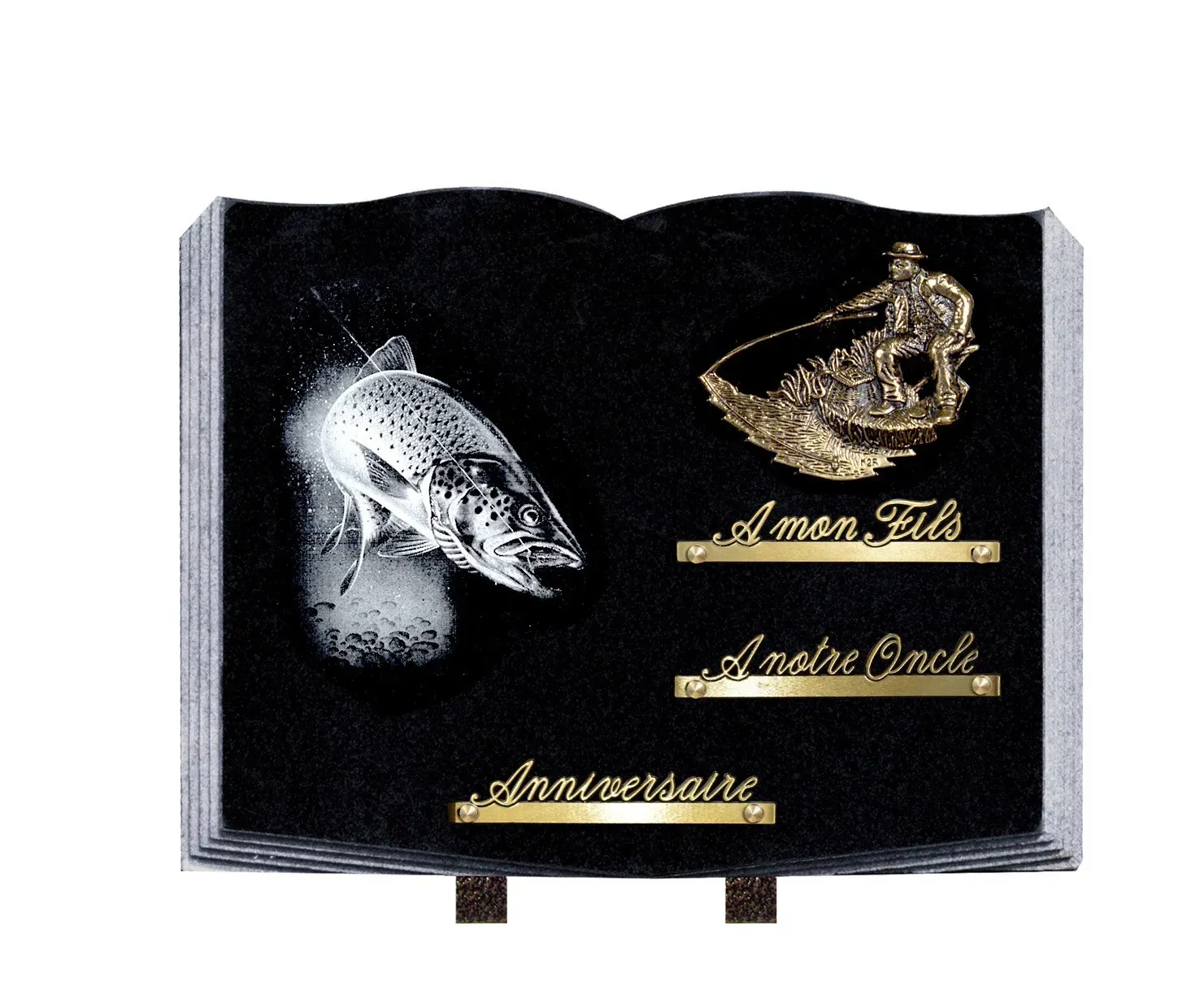 Plaque funéraire en forme de livre en granit noir avec motif de pêche.