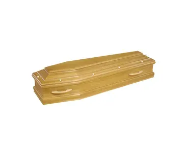 Cercueil en bois de chêne clair poli avec poignées assorties.
