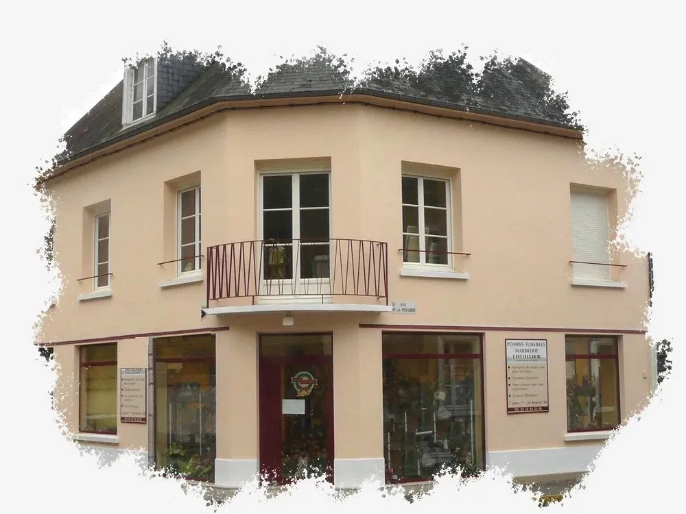 Façade détourée de l'agence funéraire Pompes Funèbres Lhuillier à Beaumont-le-Roger.