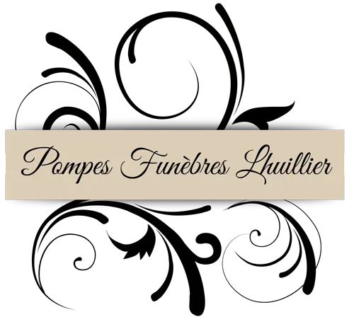 Logo Pompes Funèbres Lhuillier avec volutes décoratives noires.